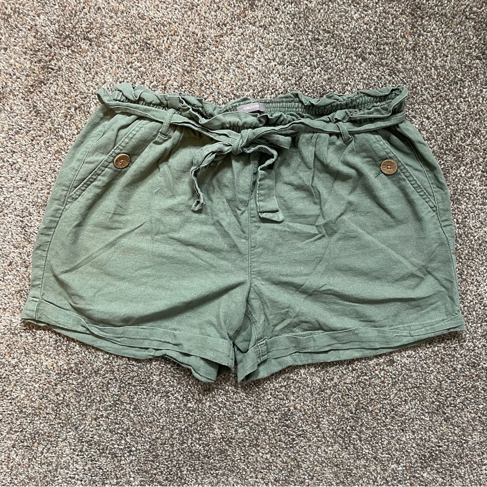 Maurice’s olive green linen shorts with waist tie